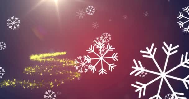 クリスマスツリーを形成する流れ星に対して幸せな新年のテキストバナーを転倒雪片 大晦日のお祝いとクリスマスのお祭りのコンセプト — ストック動画