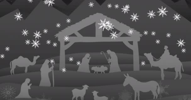 Animación Tres Reyes Texto Del Día Sobre Caída Nieve Belén — Vídeo de stock