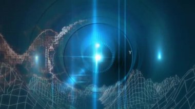 Dijital beyin ve DNA 'nın animasyonu siyah arkaplandaki dijital dağların üzerinden geçiyor. Küresel teknoloji, bilgisayar ve dijital arayüz kavramı dijital olarak oluşturulmuş video.