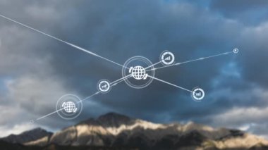Manzara üzerindeki simgelerle bağlantı ağının animasyonu. Küresel ağlar, bağlantılar, seyahat ve doğa konsepti dijital olarak oluşturulmuş video.