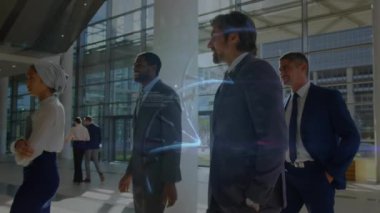 Ofisteki iş adamları üzerinde DNA ipliği ve bağlantı ağının animasyonu. Küresel iş, finans, bağlantılar, ağlar ve veri işleme kavramı dijital olarak oluşturulmuş video.