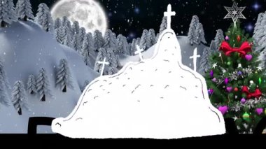 Noel kış manzarası animasyonu ve Noel ağacı ile haç. Noel, şenlik, kutlama ve gelenek konsepti dijital olarak oluşturuldu.