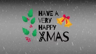 Animasyon yılbaşı metin afişinde beyaz bir arkaplanda bir Noel çanı dekorasyon ikonu yer alıyor. Soyut çok renkli arkaplan. Kara zemine kar yağışının animasyonu. 
