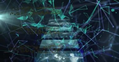 Ekranlar üzerinde bağlantılar ve bilimsel veri işleme ağlarının animasyonu. Küresel iş, finans ve veri işleme kavramı dijital olarak oluşturulmuş video.