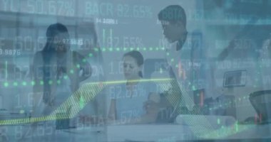 Animation of data processing over diverse business people in office. Global business and digital interface concept digitally generated video.