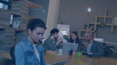 Animation of network of connections over caucasian business people in office. Global business and digital interface concept digitally generated video.