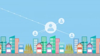 Şehrin mavi arka planında dijital simge ağının animasyonu. Küresel ağ ve iş teknolojisi kavramı