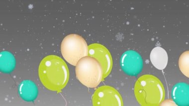 Kar üzerinde uçan balonların gri zemine düşüşü. Noel, kış, parti, şenlik, kutlama ve gelenek konsepti dijital olarak oluşturulmuş video.