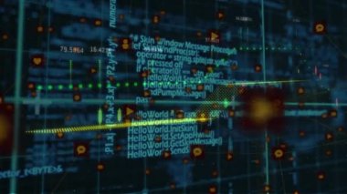 Ortam simgeleri üzerinde veri işleme animasyonu. Küresel iş ve dijital arayüz kavramı dijital olarak oluşturulmuş video.