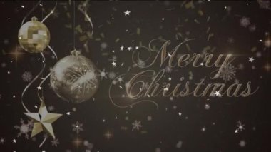 Yılbaşı kutlamalarının animasyonu. Mesajlar ve takılar. Kış manzarasına yağan kar. Noel, şenlik, kutlama ve gelenek konsepti dijital olarak oluşturuldu.