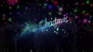 Mutlu noeller yazılı afiş ve ışık lekelerine karşı dans eden insanların siluetinin animasyonu. Noel şenliği ve kutlama konsepti