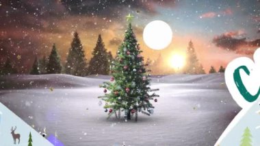 Kış manzarasına düşen yılbaşı süsleri, yıldızlar ve karların animasyonu. Noel, şenlik, kutlama ve gelenek konsepti dijital olarak oluşturuldu.
