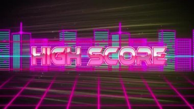 3D şehir modeli ve ışık yollarına karşı ağ üzerinden yüksek puanlı metin afişi animasyonu. Video oyunu arayüzü ve teknoloji kavramı