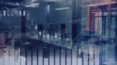 İnsan ve boş ofis üzerinden finansal veri işleme animasyonu. Dijital olarak oluşturulan küresel finans, spor ve dijital arayüz kavramı.