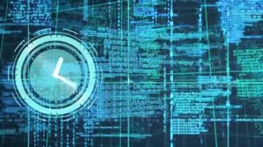 Dijital saatin animasyonu ve programlama dili ve şebeke modeli siyah arkaplan üzerinde. Dijital olarak üretilmiş, hologram, kodlama, makine öğrenme, zaman ve teknoloji kavramı.