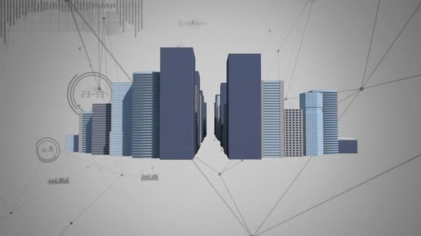 Animatie Van Het Netwerk Van Verbindingen Met Statistieken Gebouwen Stadsgezichten — Stockvideo