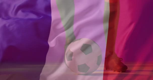 Анимация Кавказского Футболиста Над Флагом Франции Глобальный Патриотизм Празднование Спорт — стоковое видео