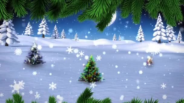 Animacja Zielonych Liści Śniegu Padającego Nad Trzema Choinkami Zimowym Krajobrazie — Wideo stockowe