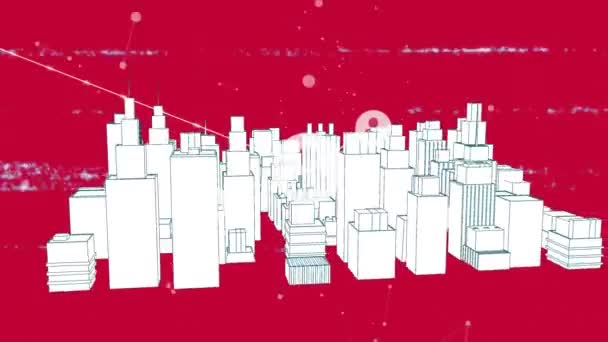 Анимация Сети Иконок Профилей Поверх Вращающейся Модели Города Розовом Фоне — стоковое видео