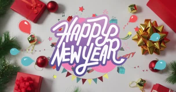 Animación Feliz Año Nuevo Saludos Texto Sobre Globos Decoraciones Navideñas — Vídeo de stock