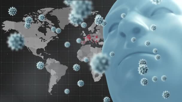 病毒细胞的动画和头部在世界地图上 全球大流行病和数字接口概念数字生成视频 — 图库视频影像