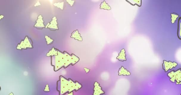 Анимация Множества Деревьев Пятен Света Фиолетовом Фоне Концепция Празднования Рождества — стоковое видео