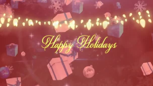 Animation Von Lichterketten Und Fröhlichen Feiertagen Textbanner Gegen Herabfallenden Weihnachtsschmuck — Stockvideo