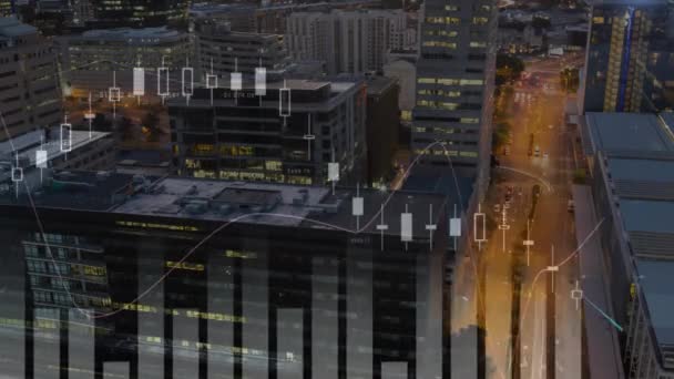 Animación Del Procesamiento Datos Financieros Sobre Edificios Paisaje Urbano Concepto — Vídeos de Stock