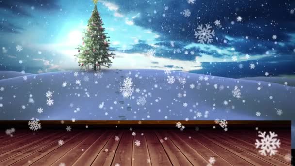 雪景中降雪的圣诞树的数字动画 雪花落在透明的背景上的动画创造了一个简单而美丽的场景 — 图库视频影像