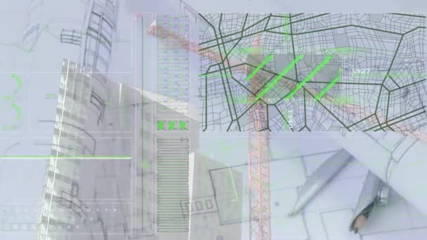 Анімація Інтерфейсу Обробкою Даних Над Будівельним Майданчиком Проти Архітектурного Плану — стокове відео