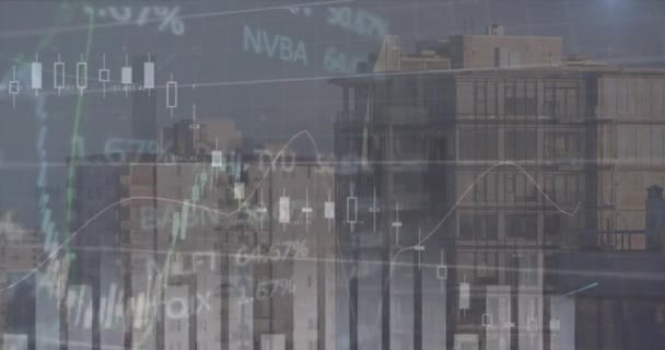 Animación Procesamiento Datos Financieros Bursátiles Contra Edificios Altos Concepto Economía — Vídeos de Stock