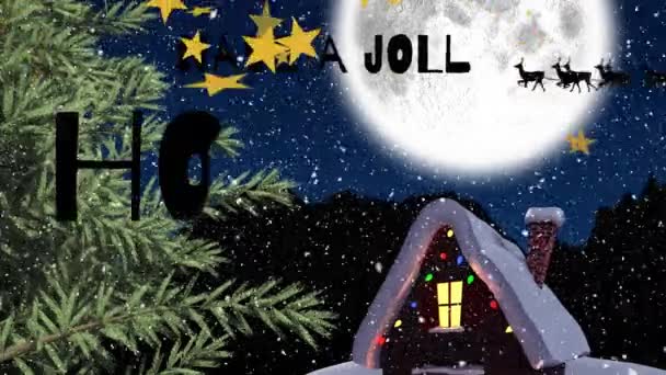 Yılbaşı Kutlamalarının Animasyonu Mesajlar Kızakta Noel Baba Kış Manzarasına Yağan — Stok video