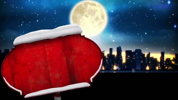 Анімація Різдвяної Червоної Дошки Сантою Клаус Санчатах Оленями Над Зимовими — стокове відео