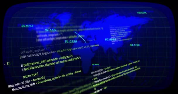 Animacja Przetwarzania Danych Liczb Mapie Świata Niebieskim Tle Interfejs Komputerowy — Wideo stockowe