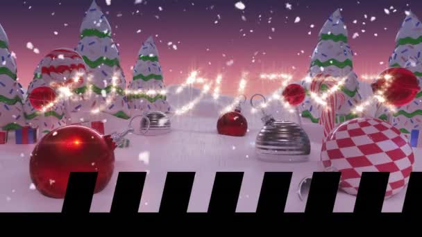 Video Begins Scene Snowy Landscape Christmas Trees Christmas Balls Message — Stock Video