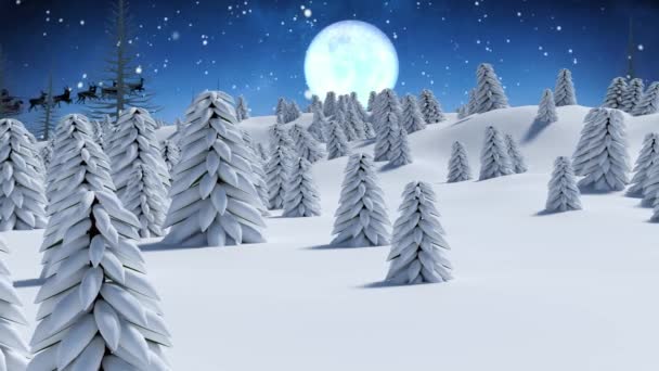 在冬季的风景上 雪橇上的雪花飘落在圣诞老人的圣塔爪上 驯鹿在雪橇上 圣诞节 庆祝和传统概念数字制作的录像 — 图库视频影像