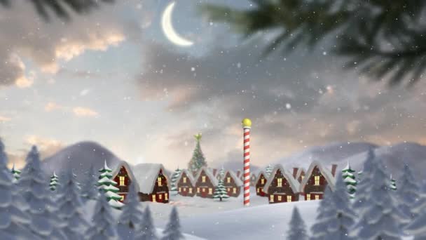 飘扬的雪花飘落在快乐的圣诞文字横幅上 映衬着冬日的风景 圣诞庆典和庆祝活动的概念 — 图库视频影像