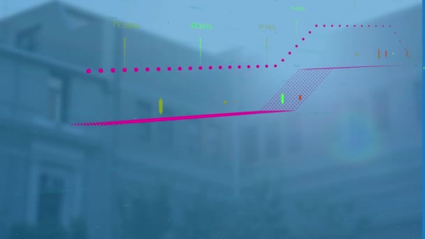 针对高楼的财务数据处理动画 全球金融和商业数据技术概念 — 图库视频影像