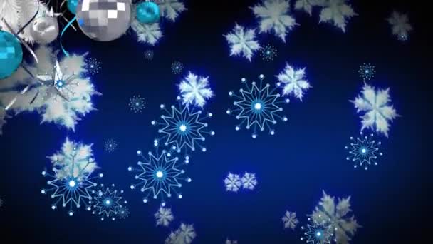 ハロウィンの夜を祝う黒の背景にアニメーションテキスト 秋の雪の上にアニメーションクリスマスの装飾 黒を背景にした青い雪の結晶アイコン — ストック動画