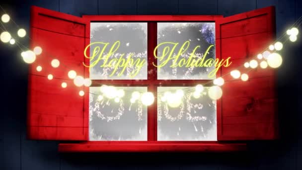 这段视频展示了新年前夕的派对和庆祝理念 透过窗户可以看到 这部动画片展示了一个闪烁着圣诞祝福的绿色屏幕 — 图库视频影像