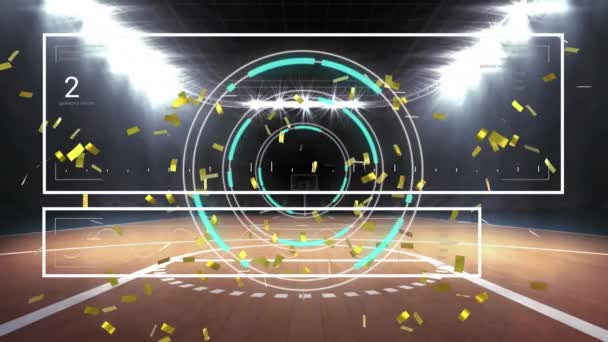 丸いスキャナーに落ちてくる黄金のコンフェッティのアニメーションとバスケットボールコートに対するデータ処理 コンピュータインターフェイスとスポーツ技術の概念 — ストック動画