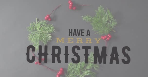 Animation Έχουν Ένα Χαρούμενο Κείμενο Χριστουγέννων Πάνω Από Κλαδιά Έλατο — Αρχείο Βίντεο