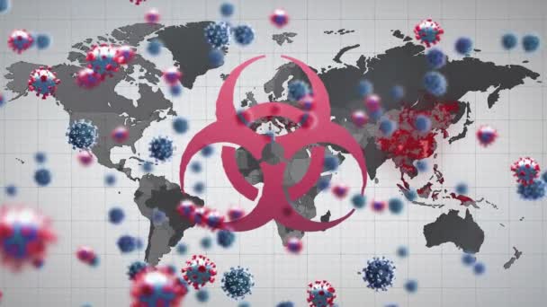 在世界地图上显示病毒细胞和生物危害符号的动画 全球大流行病和数字接口概念数字生成视频 — 图库视频影像