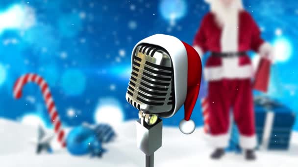 Kış Manzarasının Üzerine Mikrofon Noel Baba Ile Kar Yağışının Animasyonu — Stok video