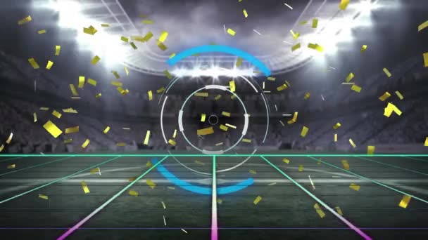 Animacja Złotego Konfetti Spadającego Neonowy Skaner Okrągły Przeciwko Stadionowi Sportowemu — Wideo stockowe