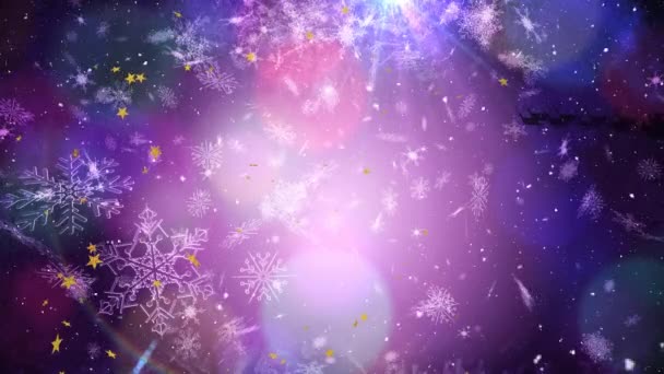 Анимация Звезд Снега Падающих Санта Клауса Санях Северным Оленем Фиолетовом — стоковое видео