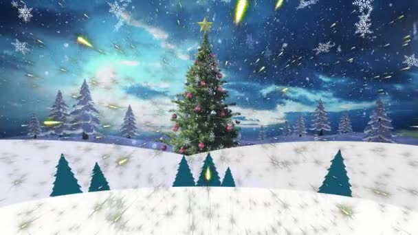 这段视频显示了黄光在白色背景下的轨迹 灯光小径四处飘扬 改变了色彩 营造出美丽而喜庆的景象 视频还显示了雪花飘落在圣诞树上和冬季的风景 — 图库视频影像