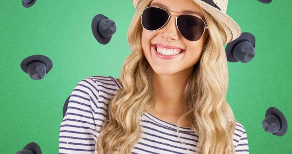 Portrait Smiling Young Caucasian Woman Wearing Sunglasses Hat Headwear Green — Stock Photo, Image