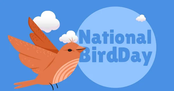 Illustration Flygande Fågel Och Moln Med Nationell Fågeldagstext Cirkel Blå — Stockfoto
