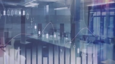 Çeşitli basketbol oyuncuları ve boş ofis üzerinden finansal veri işleme animasyonu. Dijital olarak oluşturulan küresel finans, spor ve dijital arayüz kavramı.